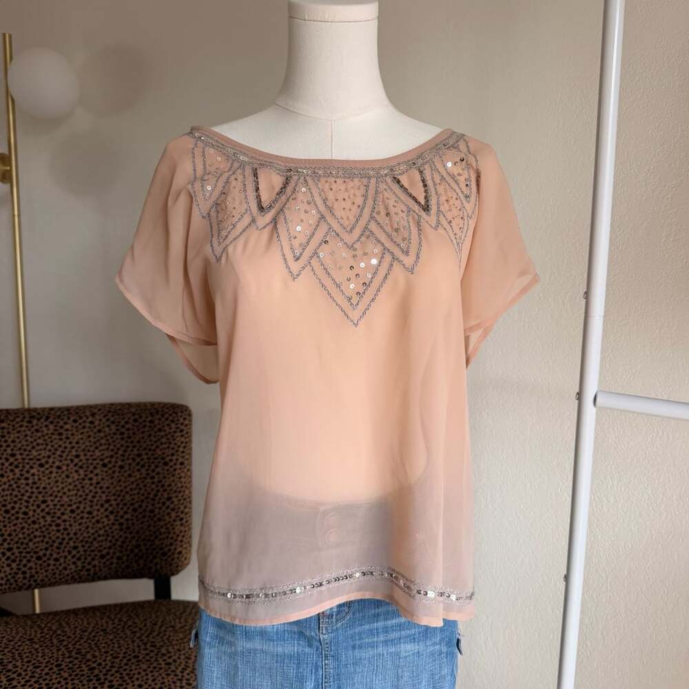 Decree Sheer Pink Sequin Embellished Scoop Back Blouse XL